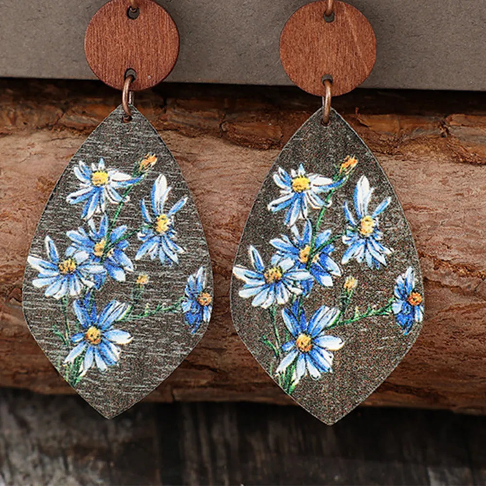 Blue Flower Rustic Wood & Leather Earrings