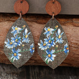 Blue Flower Rustic Wood & Leather Earrings