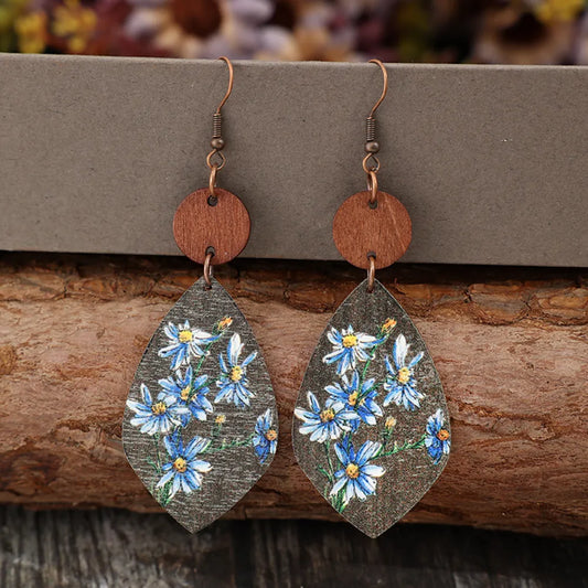 Blue Flower Rustic Wood & Leather Earrings