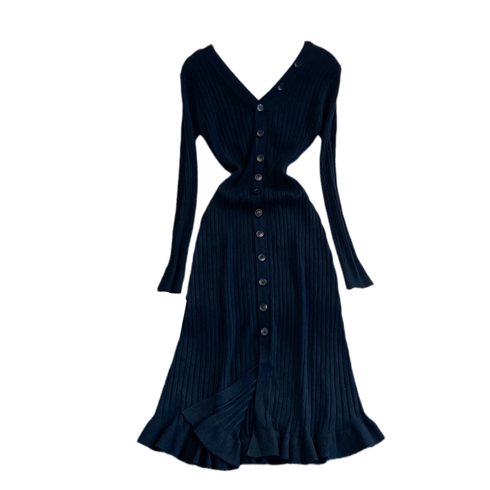 Long Sleeved V-neck Waist Slimming Knitted Ruffle Trim Mid Length Dress