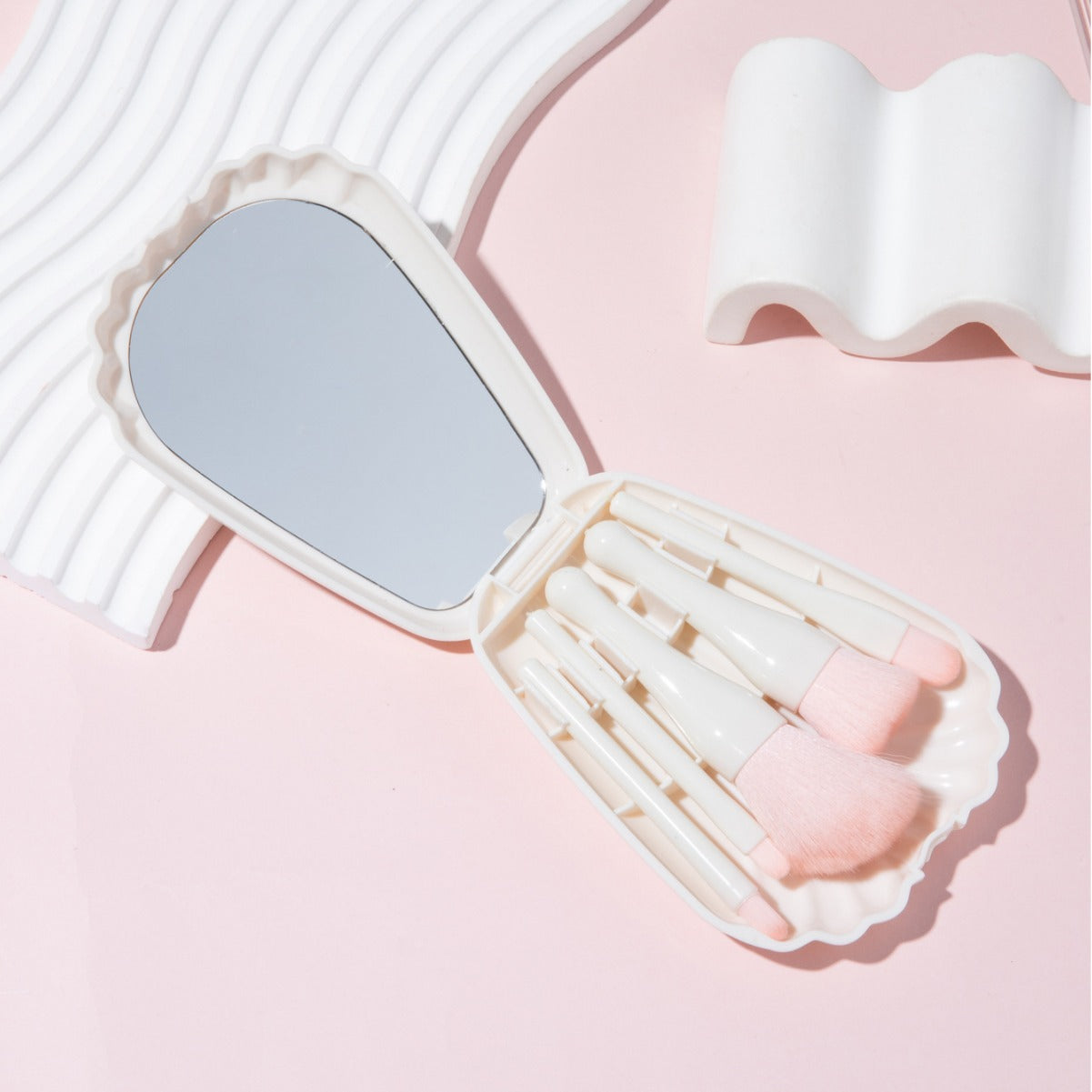 Shell Mirror with Brush Set, Powder Blush Brush Powder 5 Brush Portable Mini Set