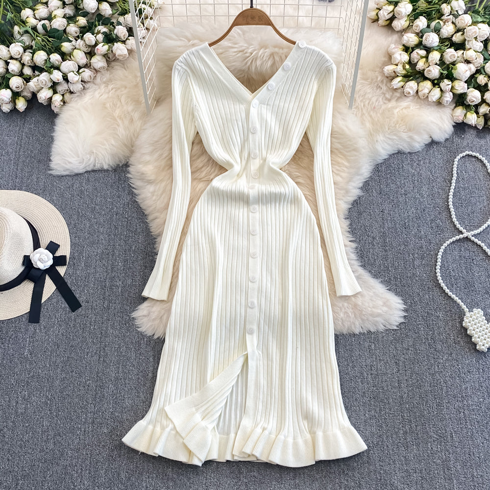 Long Sleeved V-neck Waist Slimming Knitted Ruffle Trim Mid Length Dress