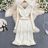 Long Sleeved V-neck Waist Slimming Knitted Ruffle Trim Mid Length Dress