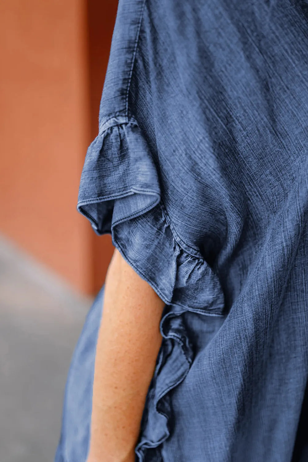 Ruffled Open Front Denim Cardigan
