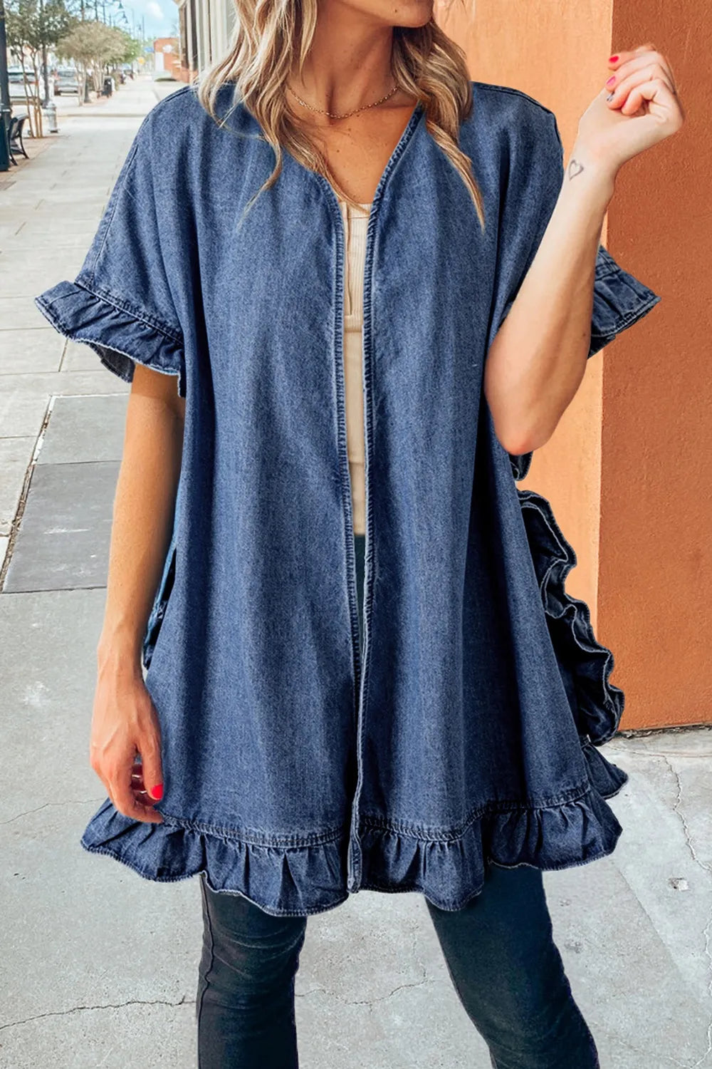 Ruffled Open Front Denim Cardigan