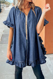 Ruffled Open Front Denim Cardigan