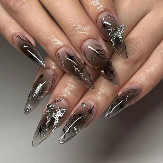Butterfly and Bows Long Almond Shape False Nails Set