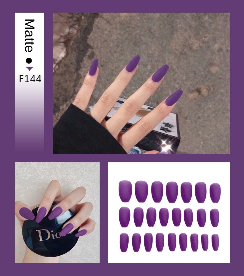 Fake Nails Set Stiletto Coffin Tips Press on Long False Nails with Glue 24 Beautiful Colors