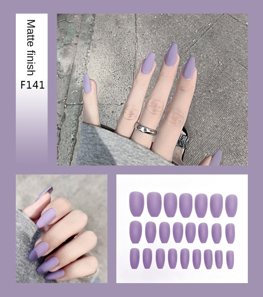Fake Nails Set Stiletto Coffin Tips Press on Long False Nails with Glue 24 Beautiful Colors