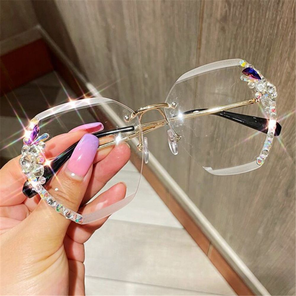 Vintage Rimless Rhinestone UV400 Sunglasses Retro Lens Gradient Sun Glasses