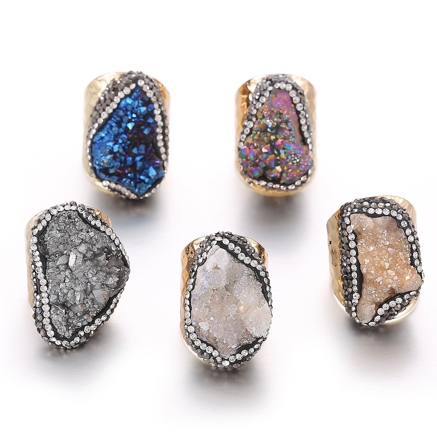 Natural Crystal Geode Cluster Ring, Beautiful Stone Cluster with Diamonds, Geode Gold-Plated Handmade Ring