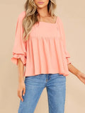 Simple Mid Sleeved Flowy Ruffles Square Neck Top