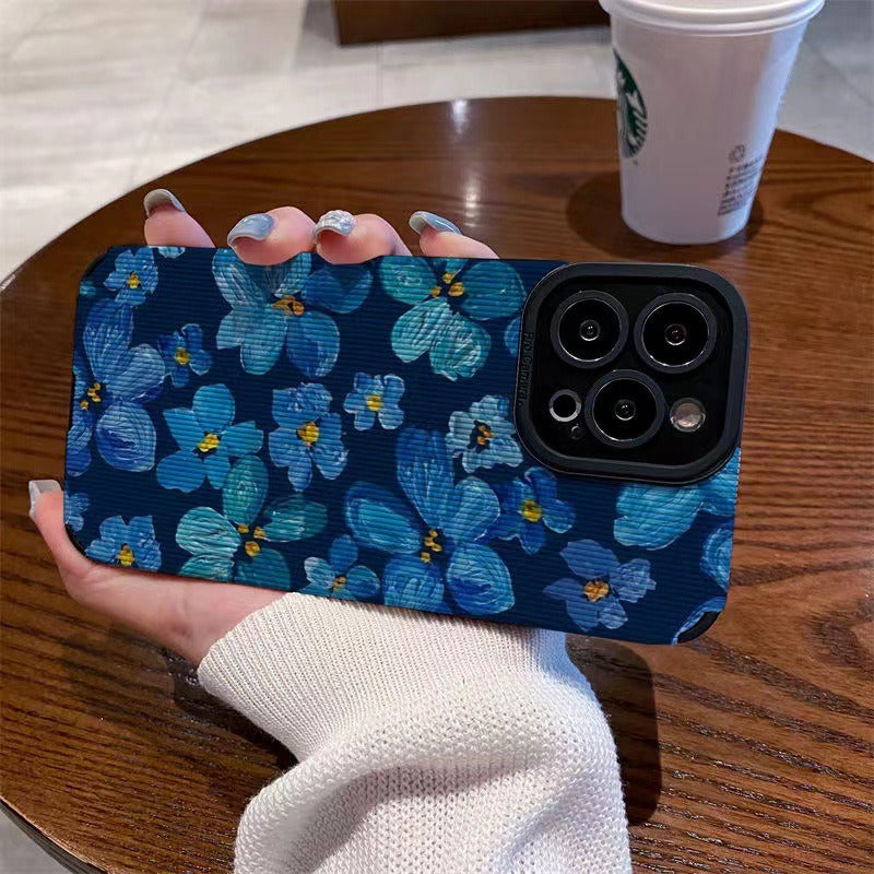 Blue Camellia Flower Faux Leather iPhone Cover 11pro Apple 14 13 iPhone 12 Suitable for 6s/8plus Soft Case