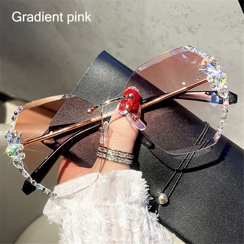 Vintage Rimless Rhinestone UV400 Sunglasses Retro Lens Gradient Sun Glasses