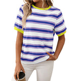 Round Neck Loose Top Striped Contrast Color T-shirt