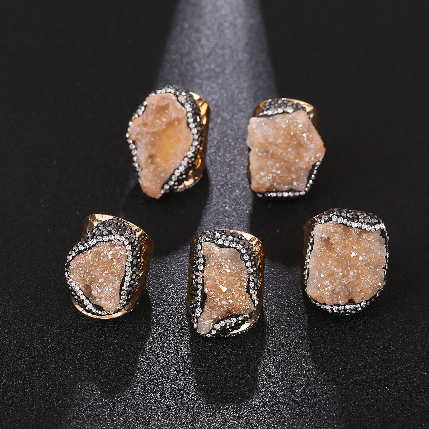 Natural Crystal Geode Cluster Ring, Beautiful Stone Cluster with Diamonds, Geode Gold-Plated Handmade Ring