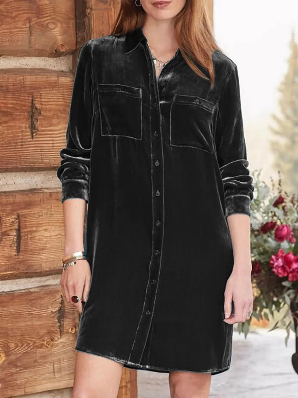 High-Low Button Up Long Sleeve Mid Length Dress