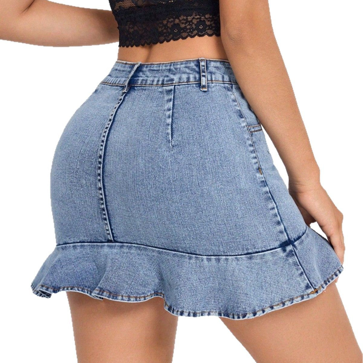 Ruffled Hem Denim Mini Skirt with Pockets