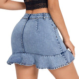 Ruffled Hem Denim Mini Skirt with Pockets