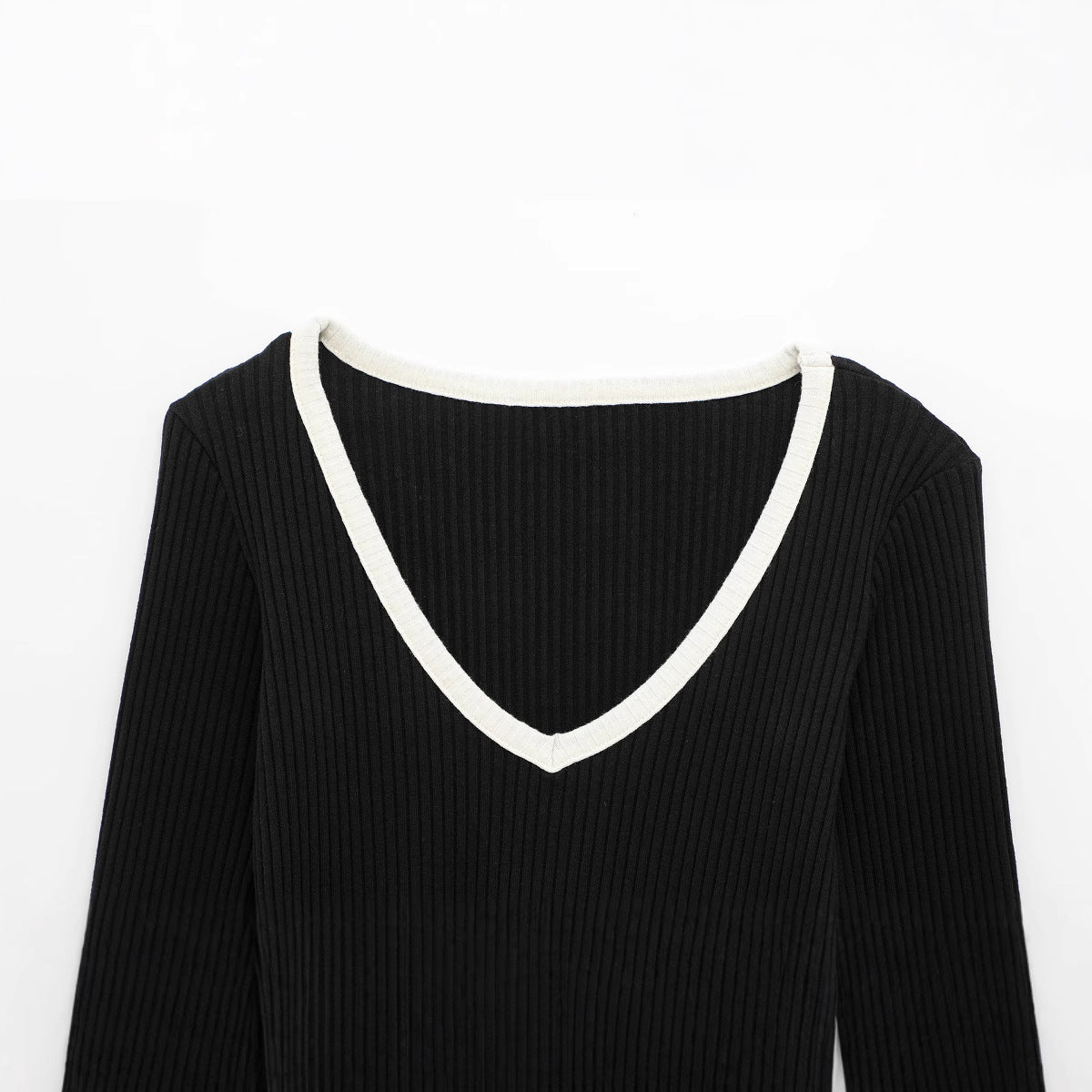V-neck Ruffle Trim Stripe Knitted Long Sleeve Top