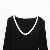 V-neck Ruffle Trim Stripe Knitted Long Sleeve Top