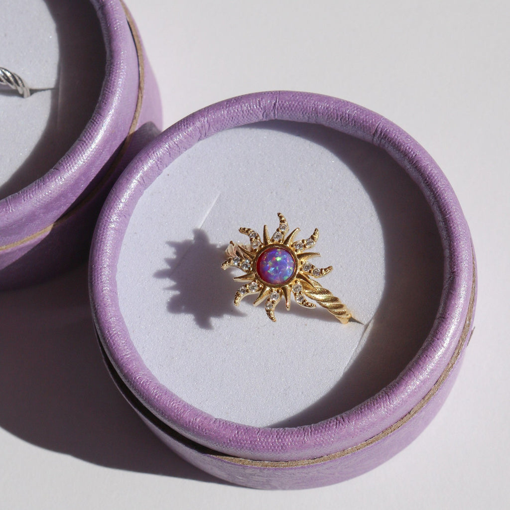 Solar Sun Purple Iridescent Stone Ring, Beautiful Galaxy Twisted Ring with Diamonds