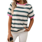 Round Neck Loose Top Striped Contrast Color T-shirt