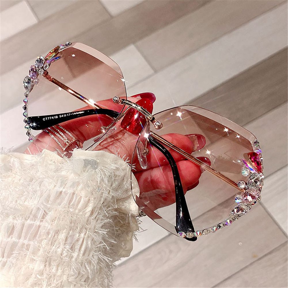 Vintage Rimless Rhinestone UV400 Sunglasses Retro Lens Gradient Sun Glasses