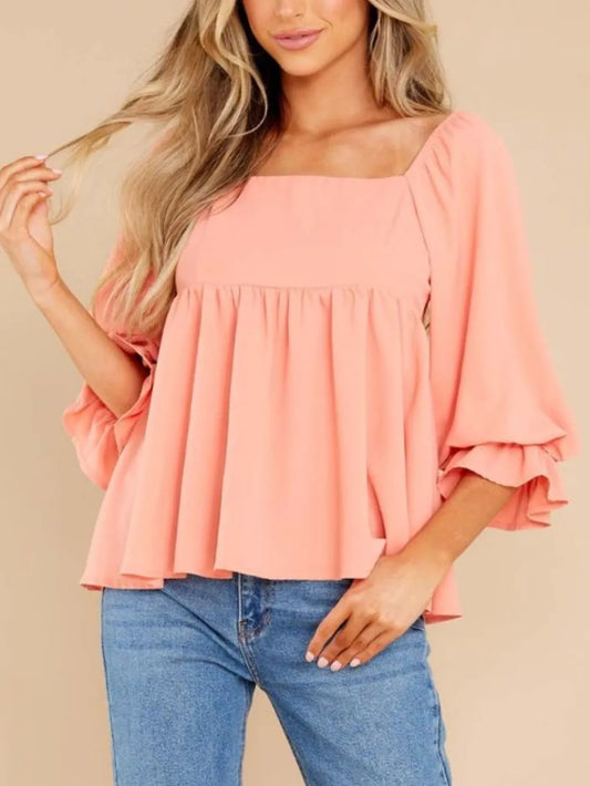 Simple Mid Sleeved Flowy Ruffles Square Neck Top