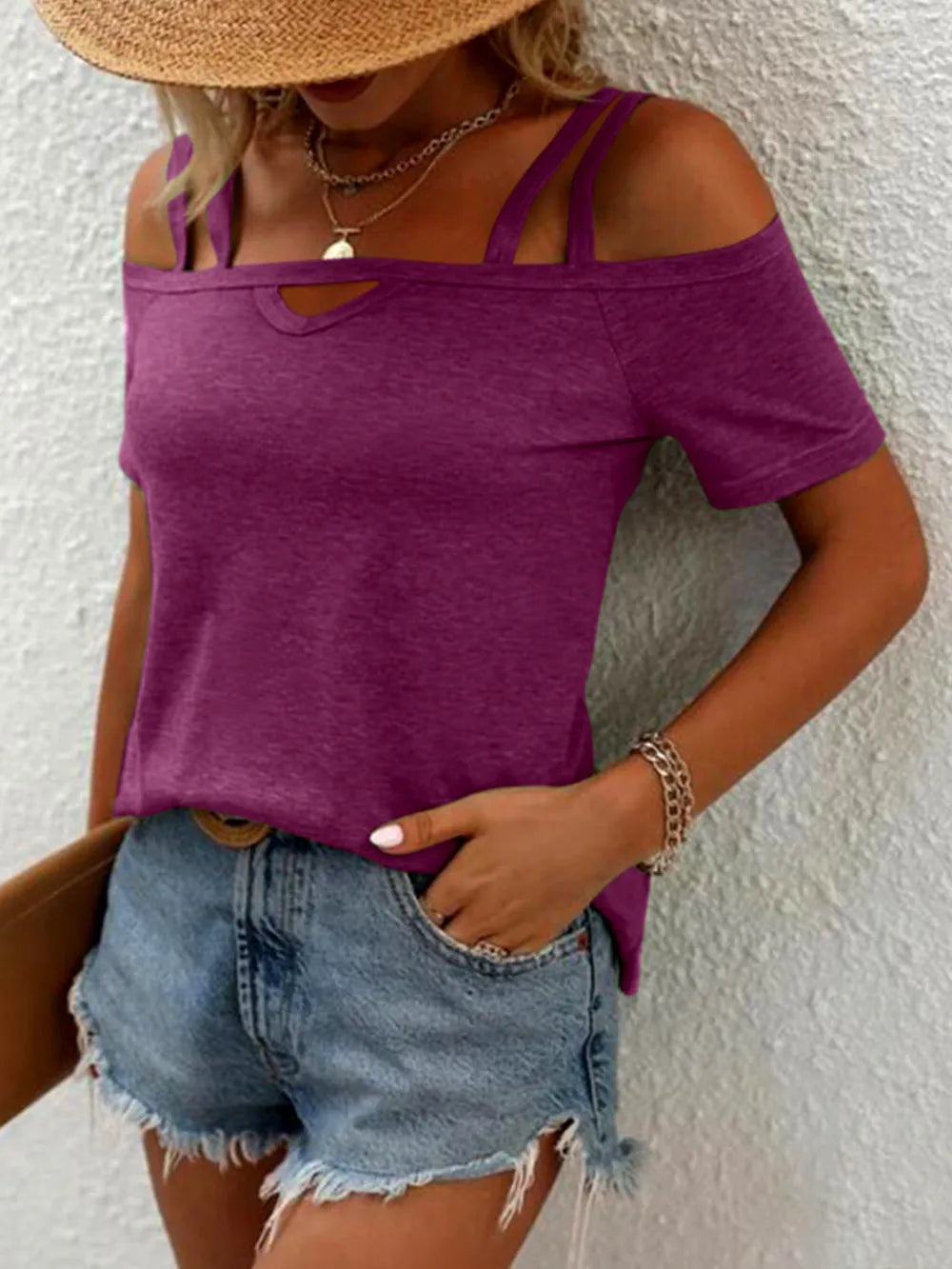 Strap Off-Shoulder Short Sleeve T-Shirt