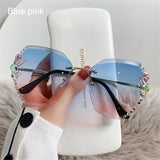 Vintage Rimless Rhinestone UV400 Sunglasses Retro Lens Gradient Sun Glasses