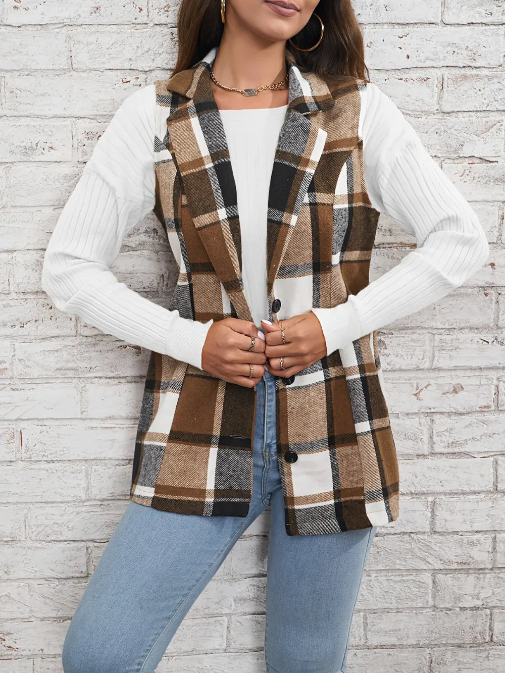 Fall Elegant Style Versatile Plaid Sleeveless Cardigan Vest