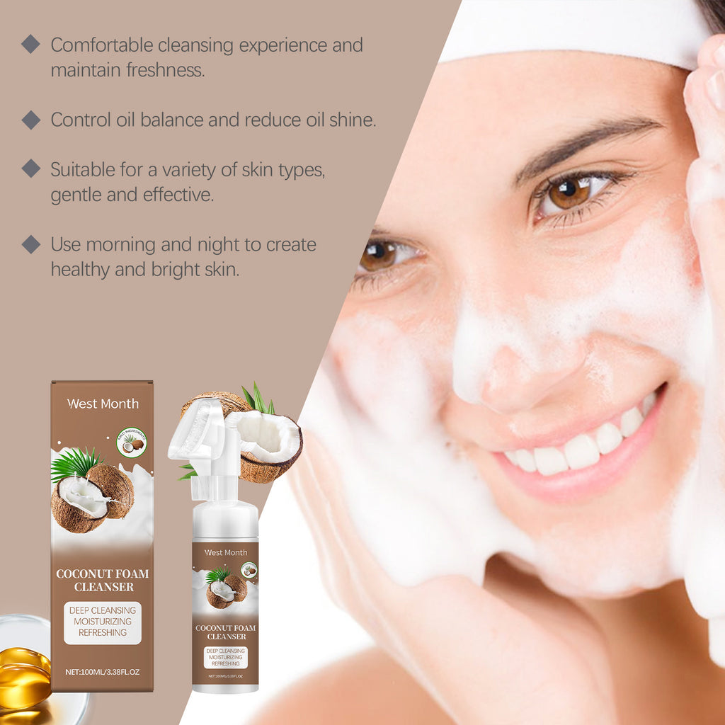 Natural Coconut Foam Cleanser, Refreshing Gentle Pore Cleanser with Brush
