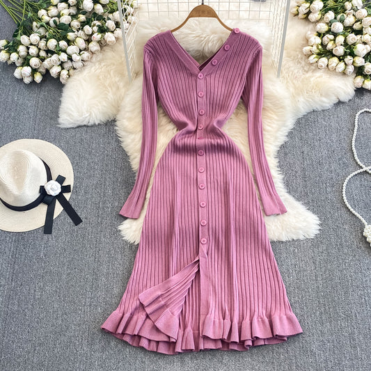 Long Sleeved V-neck Waist Slimming Knitted Ruffle Trim Mid Length Dress