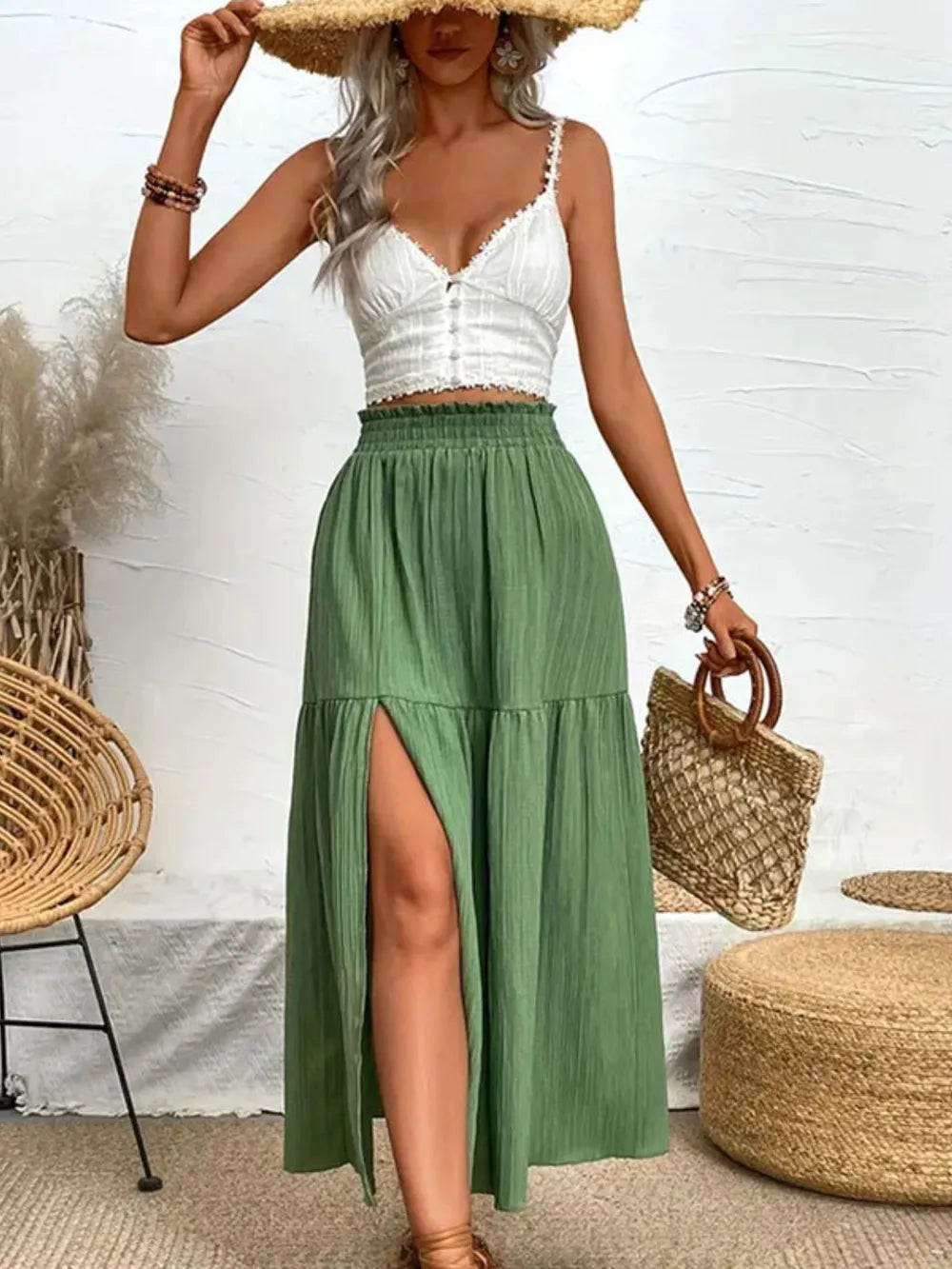 Frill High Slit Long Flowy Skirt