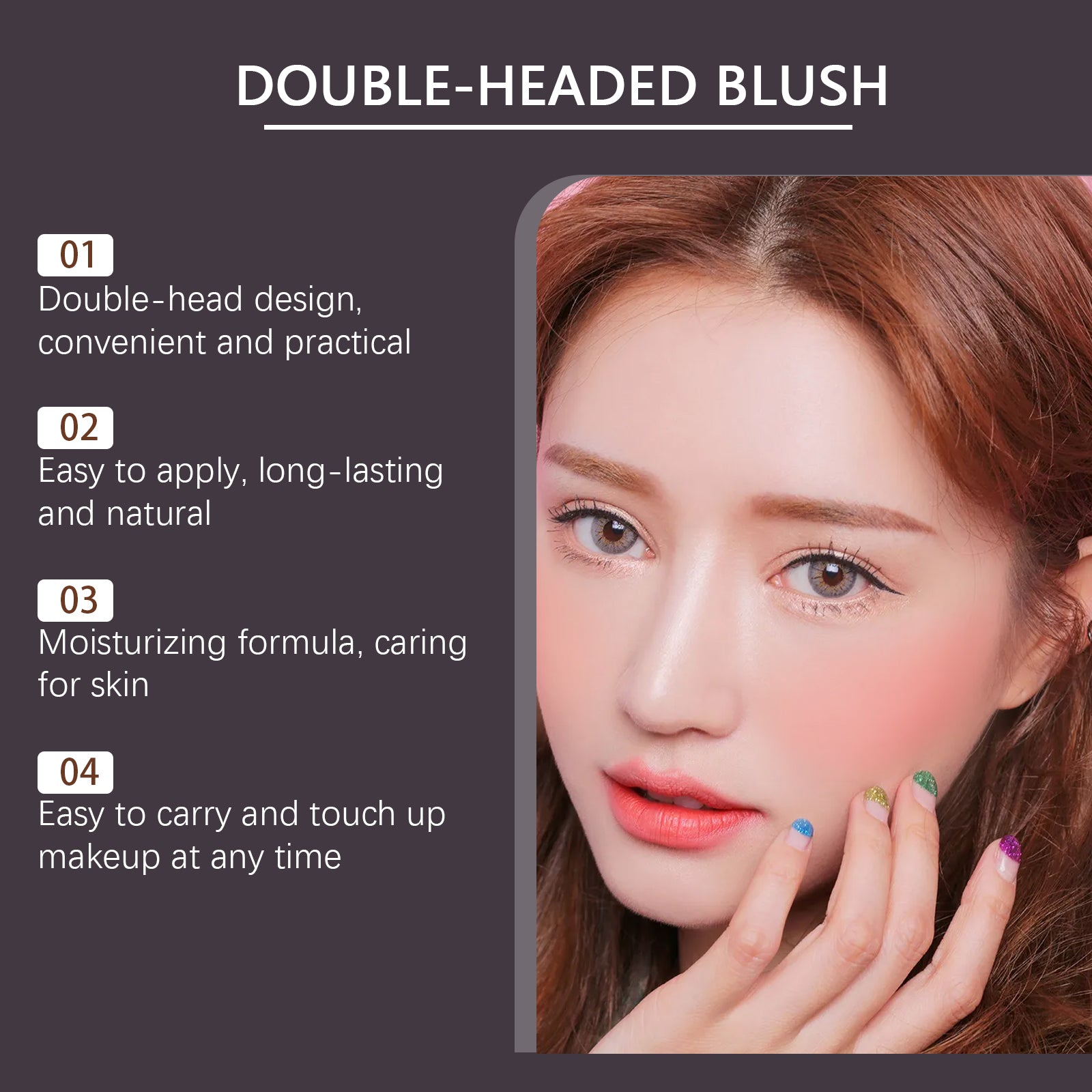 Double Head Blush with Sponge Blender, Natural Light Multipurpose Blush Stick Double Ended