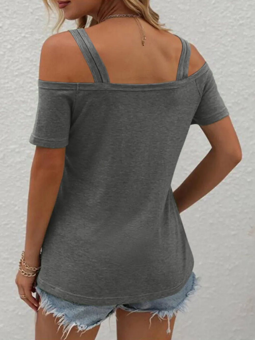 Strap Off-Shoulder Short Sleeve T-Shirt