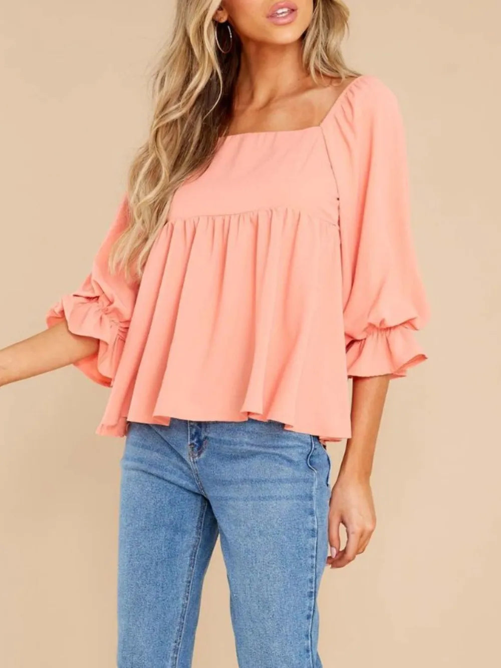 Simple Mid Sleeved Flowy Ruffles Square Neck Top