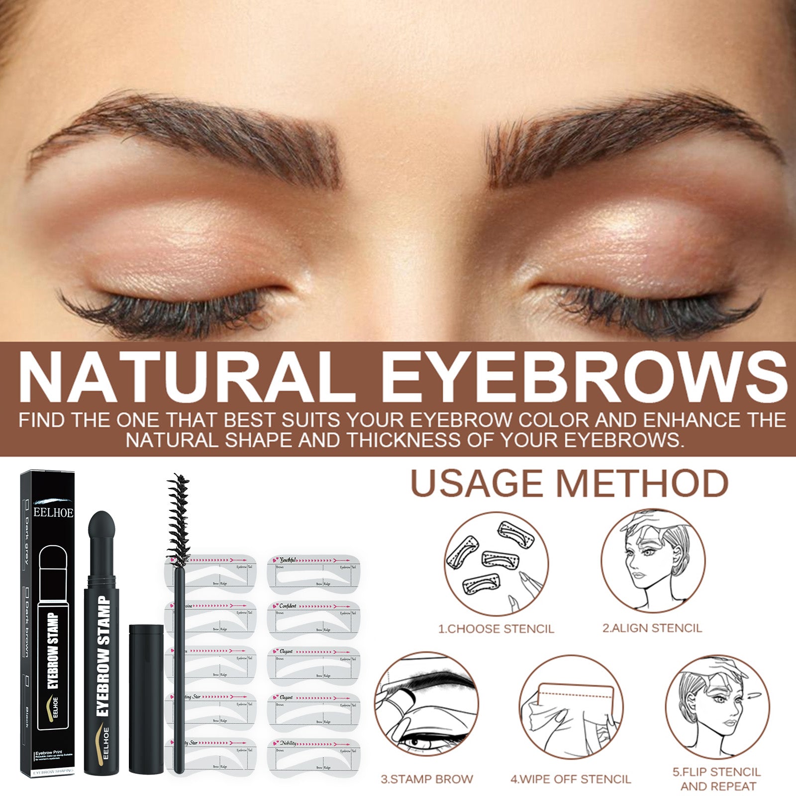 Easy Eyebrow Pencil Stamp with Shaping Tools, Moisturizing and Waterproof With Eyebrow Cards and Brush