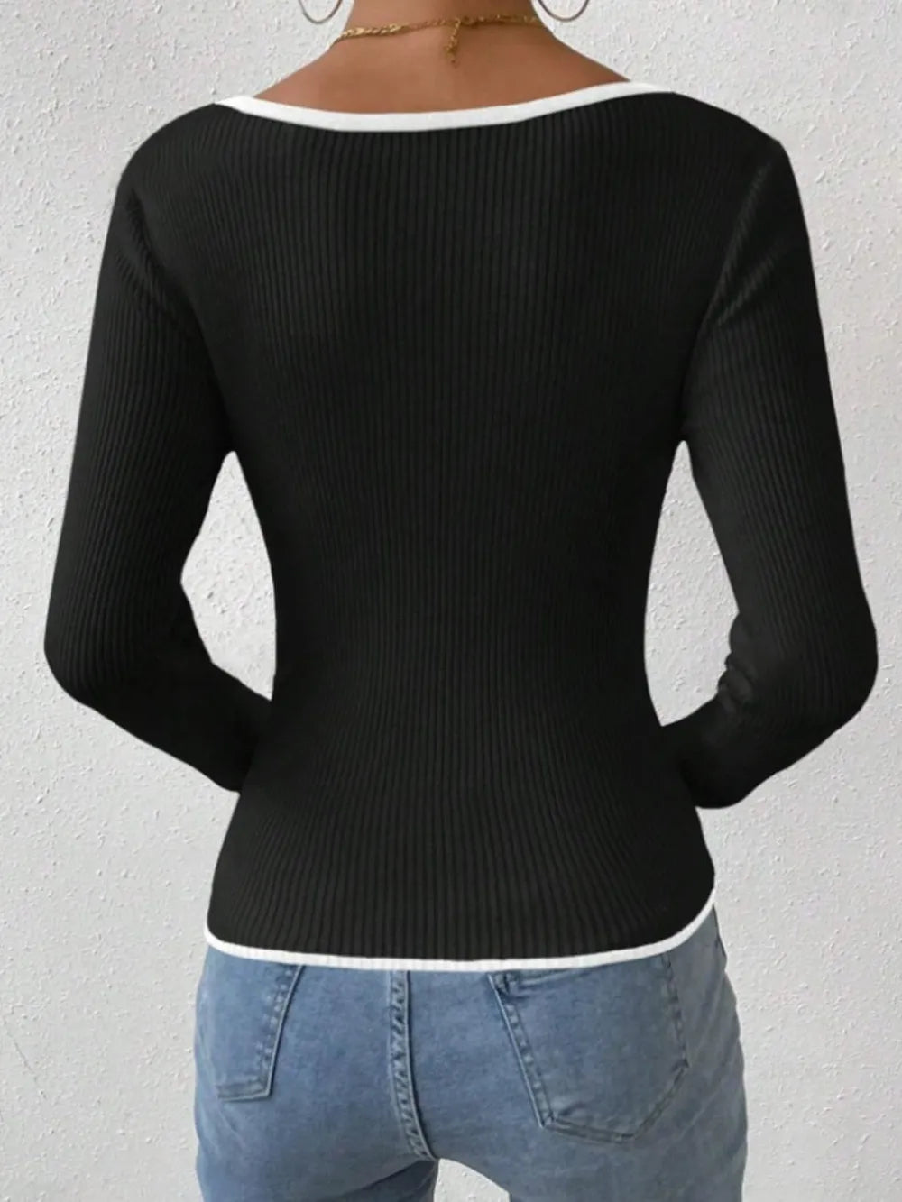 Vertical Stripe Trim Slim Knitted Top Long Sleeves