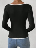 Vertical Stripe Trim Slim Knitted Top Long Sleeves