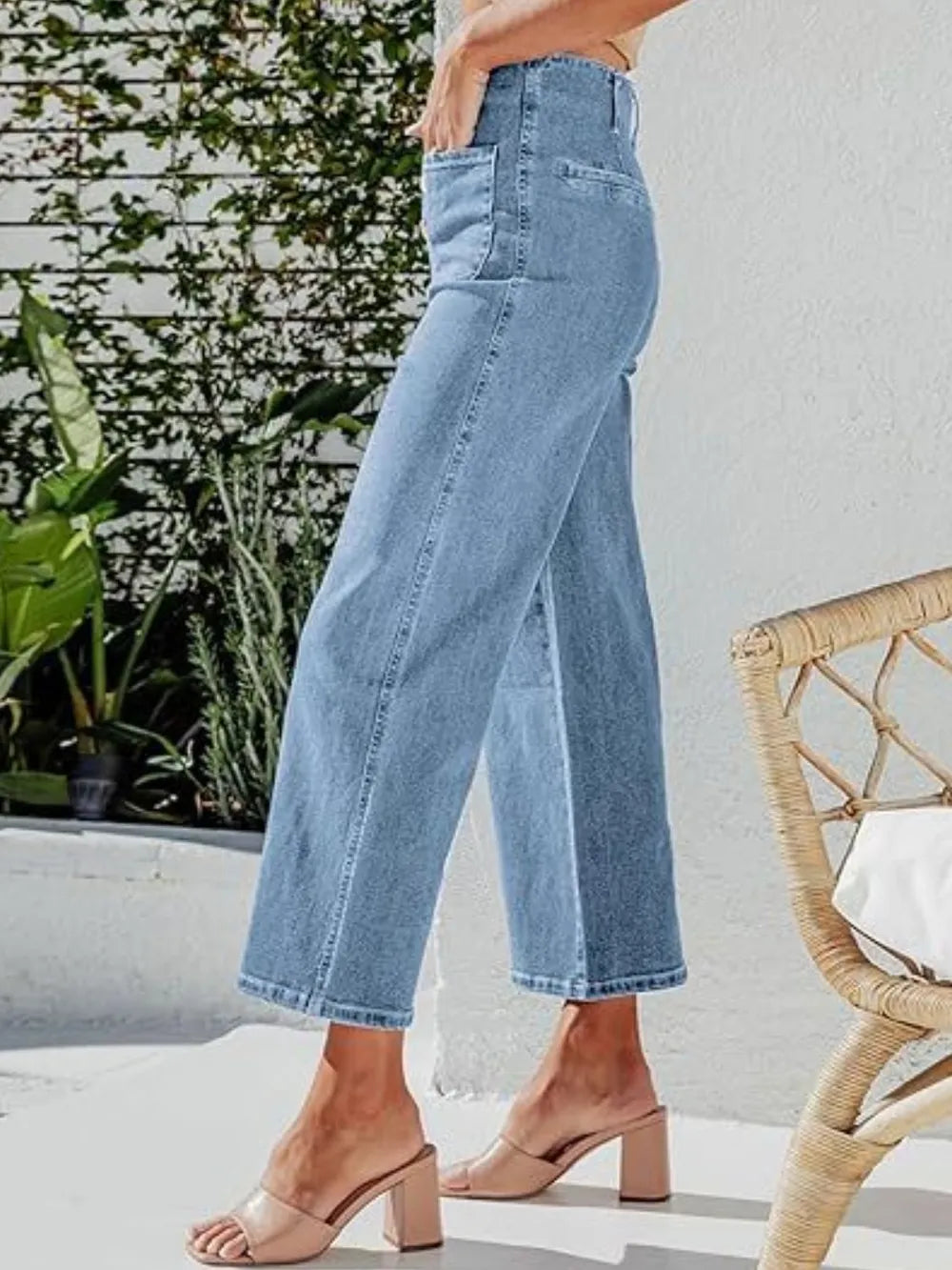 High Waist Cropped Wide Leg Jeans with Pockets