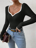 Vertical Stripe Trim Slim Knitted Top Long Sleeves