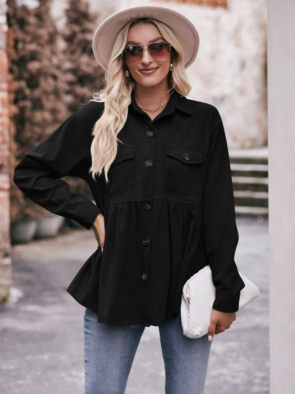 Mandy Autumn Collared Neck Loose Fit Button Down Top