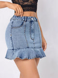 Ruffled Hem Denim Mini Skirt with Pockets
