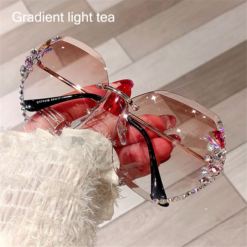 Vintage Rimless Rhinestone UV400 Sunglasses Retro Lens Gradient Sun Glasses