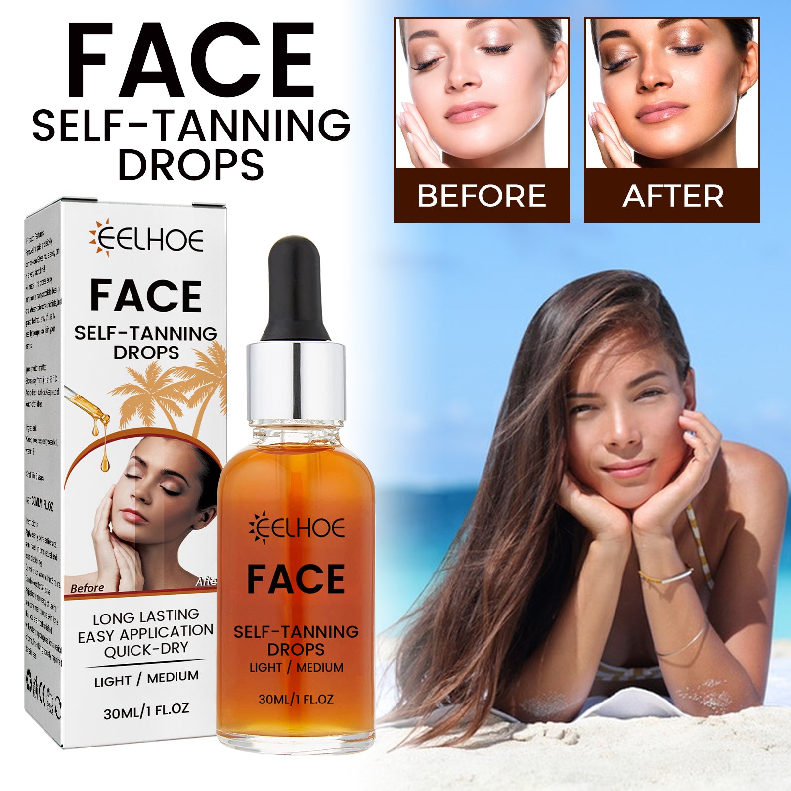 Face Self-Tanning Drops, Natural Bronzer Moisturizing Skin