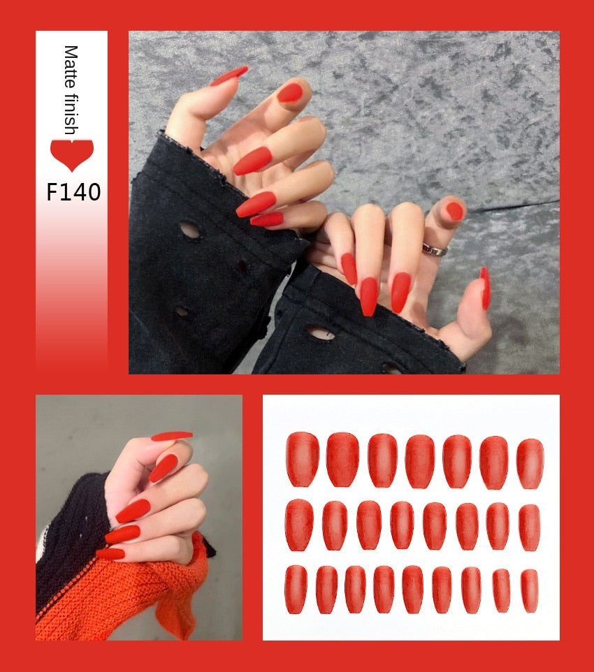 Fake Nails Set Stiletto Coffin Tips Press on Long False Nails with Glue 24 Beautiful Colors