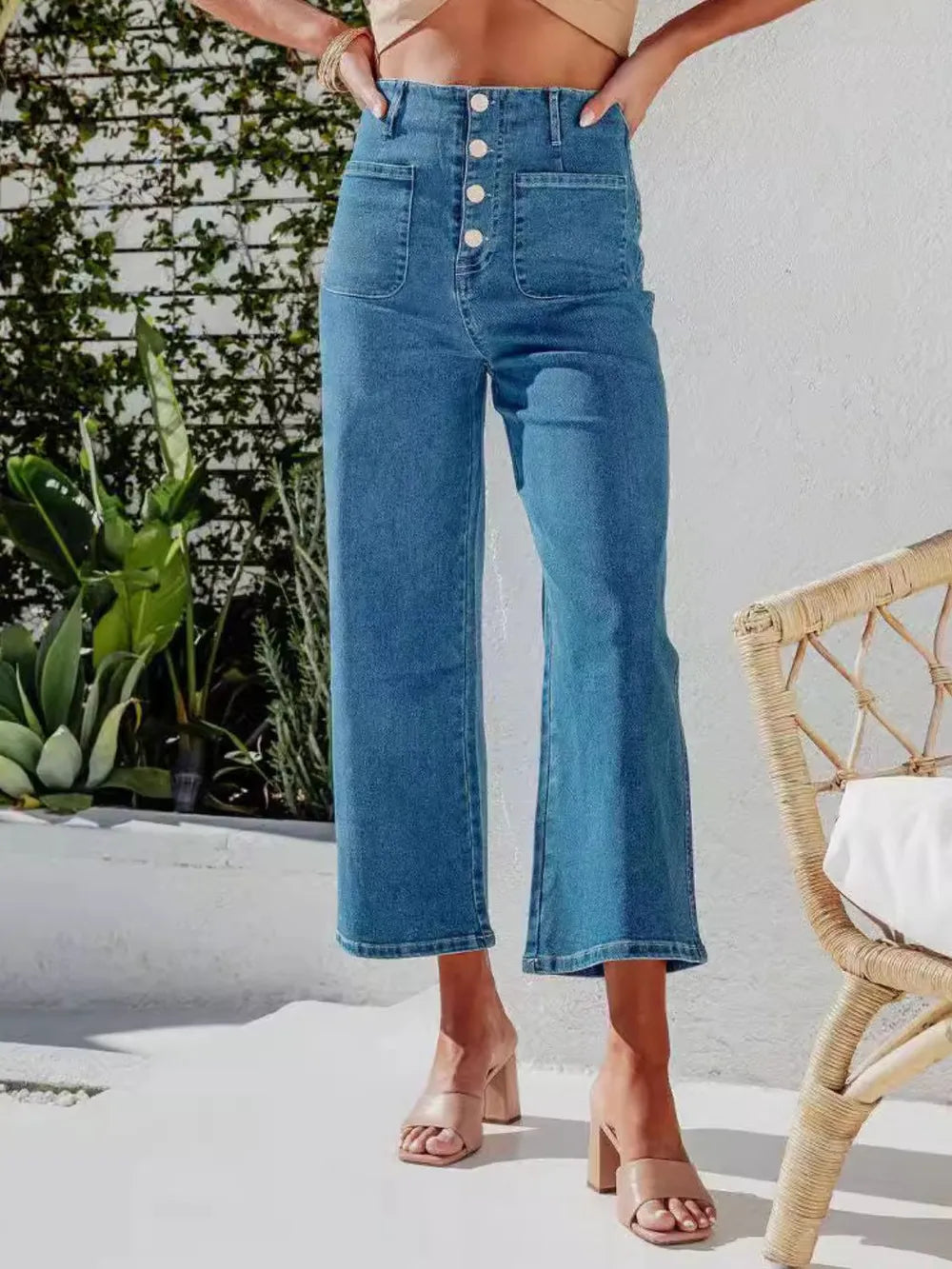 High Waist Cropped Wide Leg Jeans with Pockets
