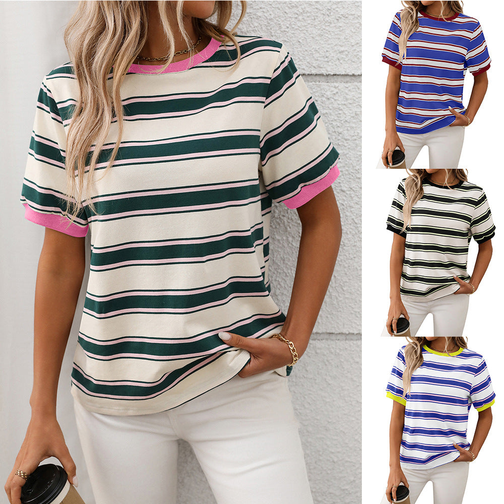 Round Neck Loose Top Striped Contrast Color T-shirt